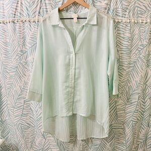 Sheer Hi/Lo Mint Stripe Breezy Button Up